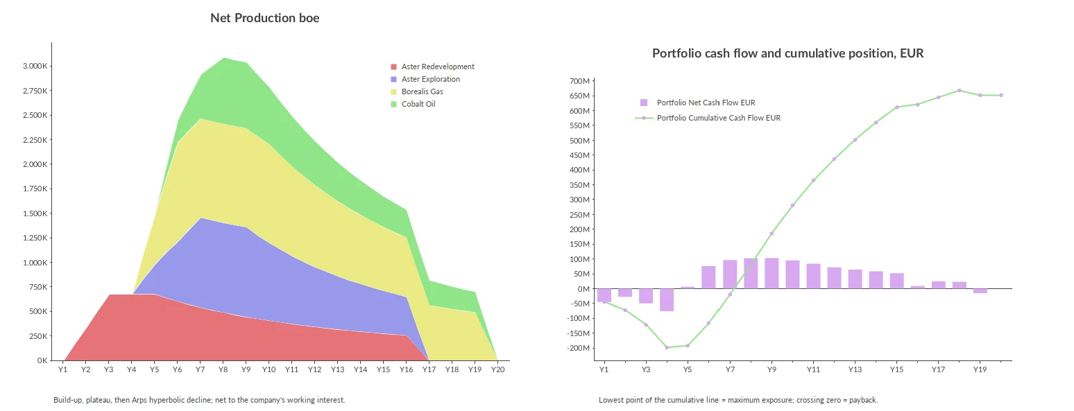Stacked chart of net oil and gas production by project over 20 years, and portfolio net and cumulative cash flow showing maximum exposure and payback