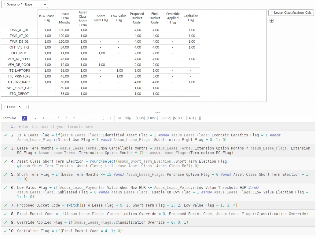 Quantrix formula view of IFRS 16 lease classification: named formulas for lease identification, lease term, short-term and low-value tests