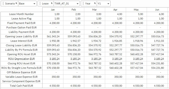 Monthly IFRS 16 lease liability and right-of-use asset schedule for one tower lease, January to June of year 1, with interest, payments and depreciation