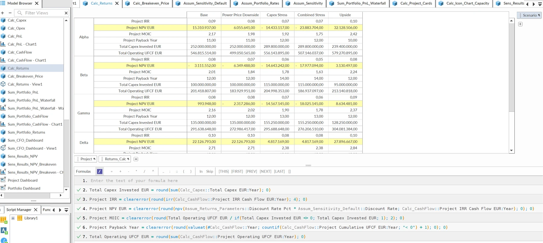 Quantrix formula view of the returns matrix: six named formulas calculate IRR, NPV, MOIC, payback, capex and cash flow for five projects and five scenarios