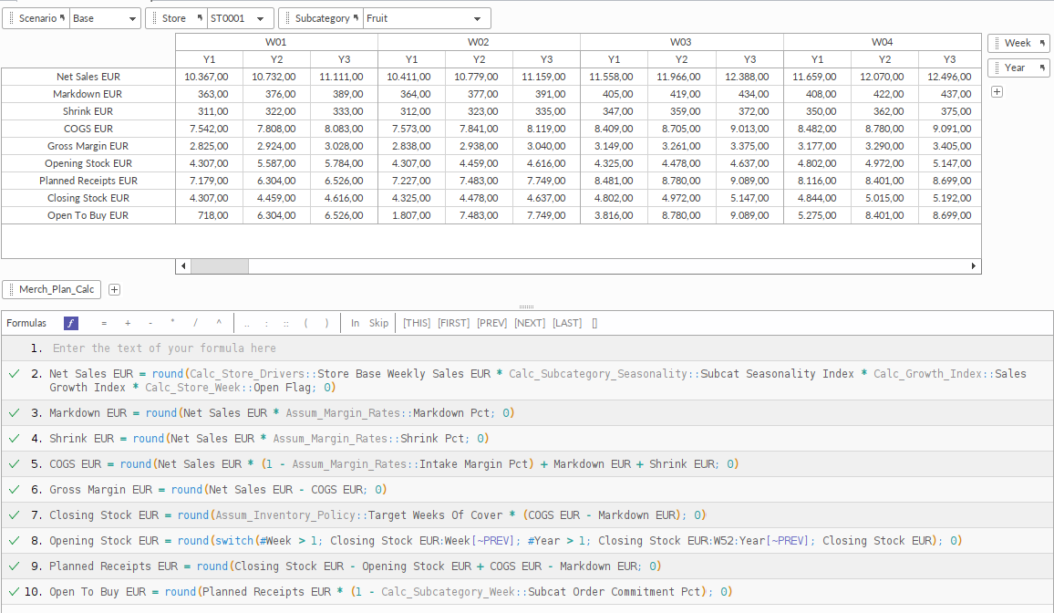 Quantrix weekly merchandise plan for one store and subcategory with nine formulas: net sales, markdown, shrink, COGS, gross margin, opening and closing stock, planned receipts and open to buy